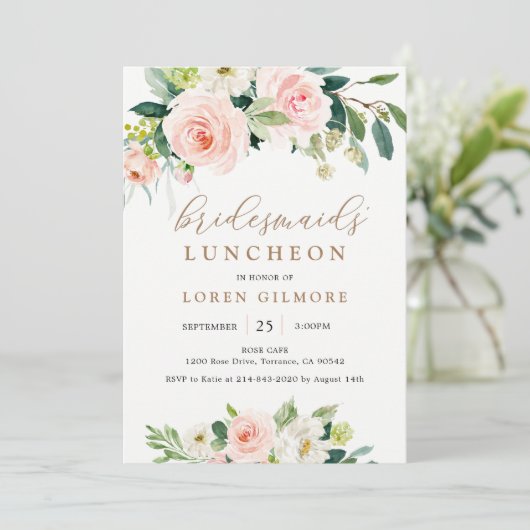 Elegant Blush Waterverf Bridesmaids' Luncheon Inv Kaart (Staand voorkant)