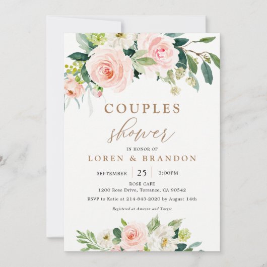 Elegant Blush Waterverf Couples Shower Invitation Kaart (Voorkant)