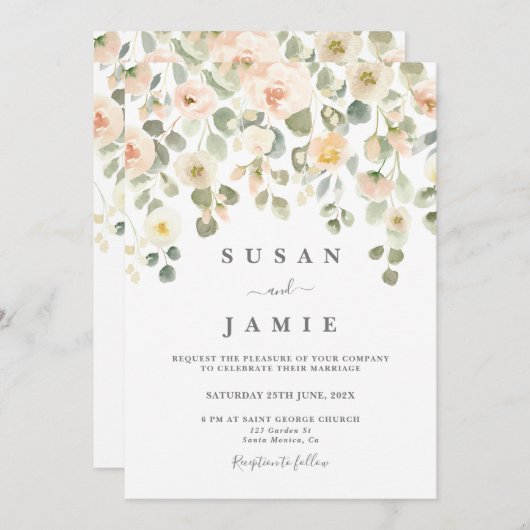 Elegant Blush Waterverf floral bruiloft Kaart (Voorkant / Achterkant)