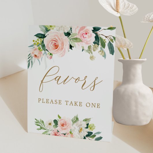 Elegant Blush Waterverf Floral Favors Sign Reclamebord Met Voetstuk