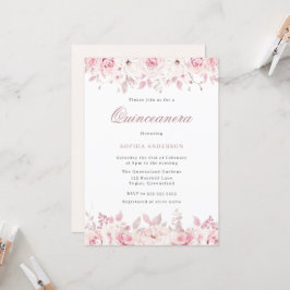 Elegant Blush Waterverf Floral Rozen Quinceanera Kaart