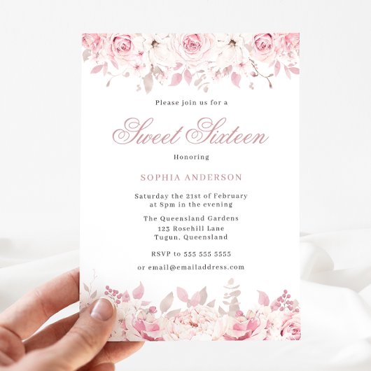 Elegant Blush Waterverf Floral Rozen Sweet 16 Kaart