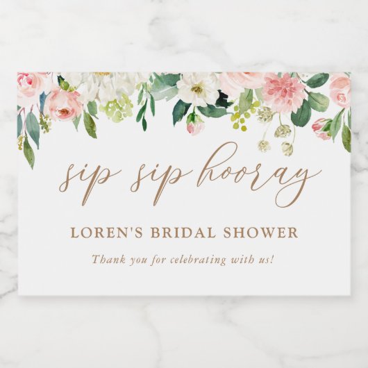 Elegant Blush Waterverf Floral Sip Hooray Cha Sparkling Wijnetiket (Enkel label)