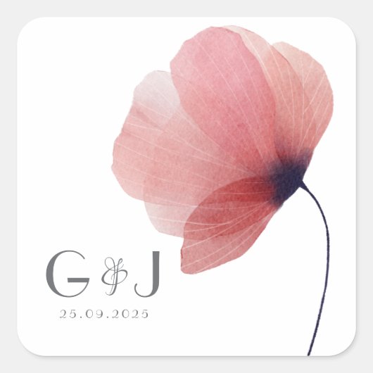 Elegant Blush Waterverf Poppy Monogram Vierkante Sticker (Voorkant)