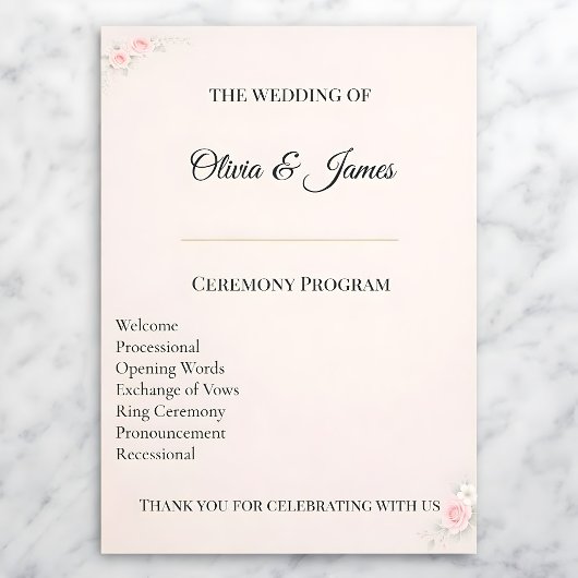 Elegant Blush Wedding Program Card Programmakaart