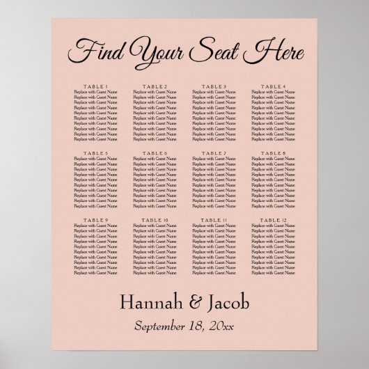 Elegant Blush Wedding Reception Sezing Chart Poster (Voorkant)