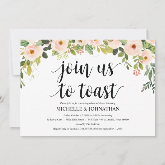 Elegant Blush Wedding Rehearsal Dinner Invites Kaart (Voorkant)