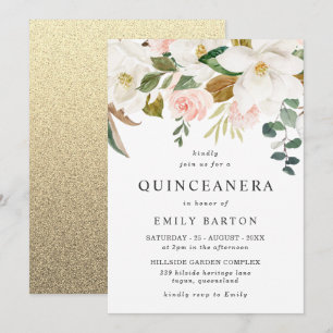 Elegant Blush White Floral Quinceanera 15th Party Kaart