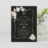 Elegant Blush White Flowers Gold Black Baptisme Kaart (Staand voorkant)