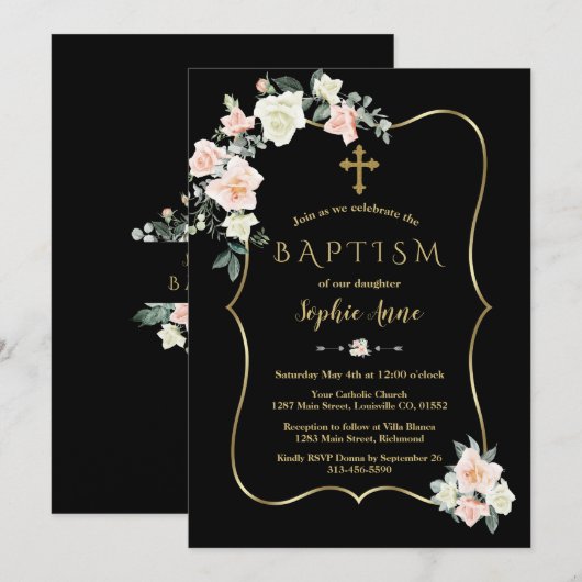 Elegant Blush White Flowers Gold Black Baptisme Kaart (Voorkant / Achterkant)