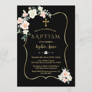Elegant Blush White Flowers Gold Black Baptisme Kaart