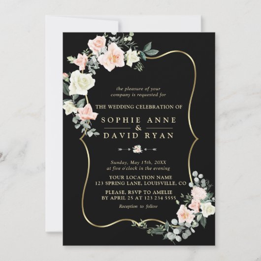 Elegant Blush White Flowers Gold Black Wedding Kaart (Voorkant)
