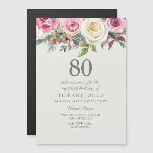 Elegant Blush & White Roses 80th Birthday Party Magnetische Uitnodiging (Voorkant / Achterkant)