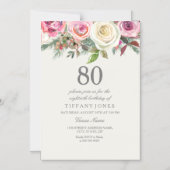 Elegant Blush & White Roses 80th Birthday Party Magnetische Uitnodiging (Voorkant)