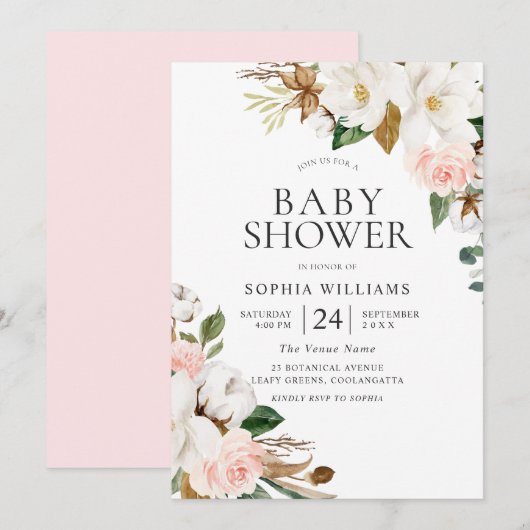 Elegant Blush White Waterverf Flowers Baby shower Kaart (Voorkant / Achterkant)