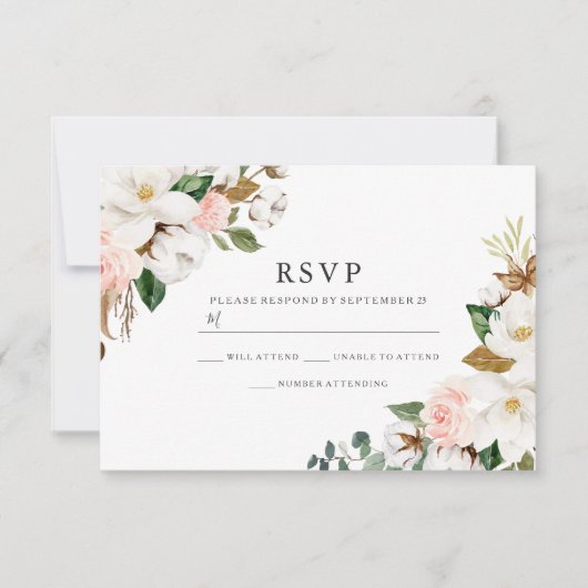 Elegant Blush & White Waterverf Flowers Wedding RSVP Kaartje (Voorkant)