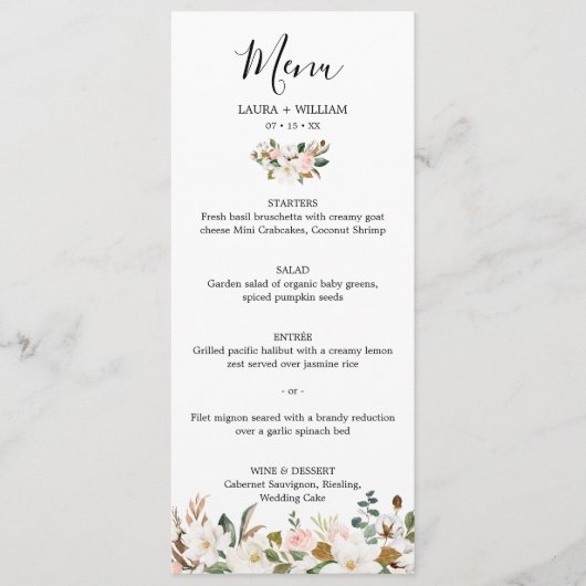 Elegant Blush Wit Magnolia Bloemen Bruiloft Menu (Voorkant)