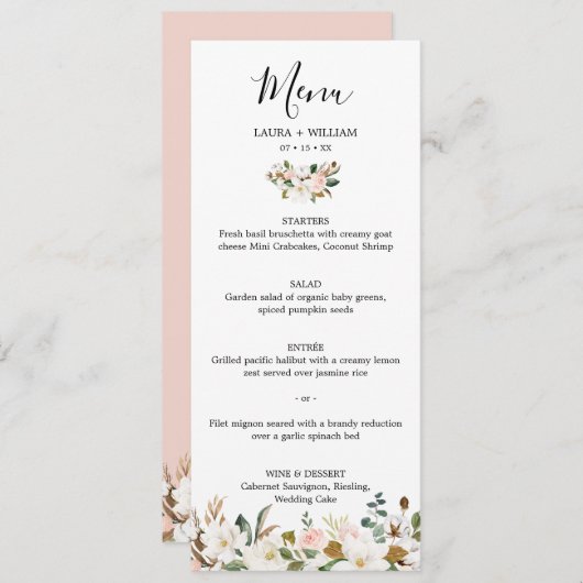 Elegant Blush Wit Magnolia Bloemen Bruiloft Menu (Voorkant / Achterkant)