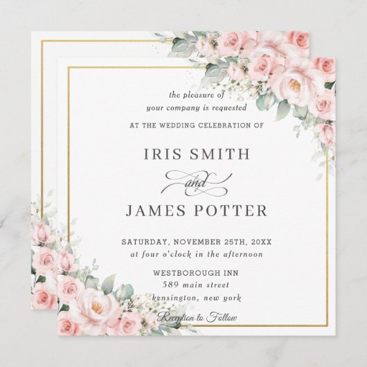 Elegant Blush Zacht Roze Bloemen Goud Bruiloft Vie Kaart (Voorkant / Achterkant)