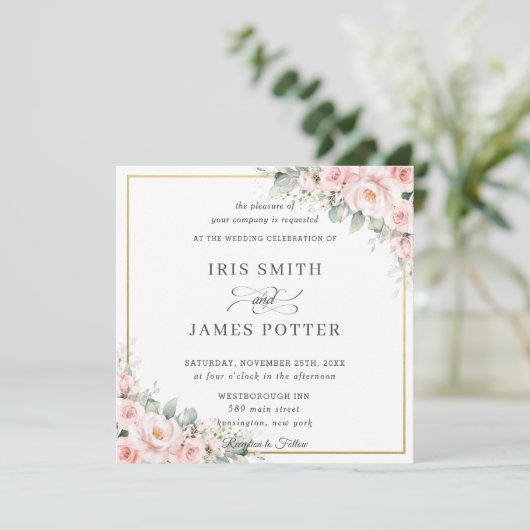 Elegant Blush Zacht Roze Bloemen Goud Bruiloft Vie Kaart (Staand voorkant)