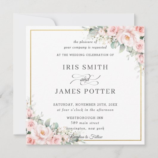 Elegant Blush Zacht Roze Bloemen Goud Bruiloft Vie Kaart (Voorkant)
