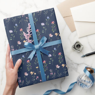 Elegant Boheem Bloemmotief Navyblauw Cadeaupapier
