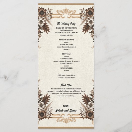 Elegant  Boheems Bloemen Bruiloft Programmakaart (Achterkant)