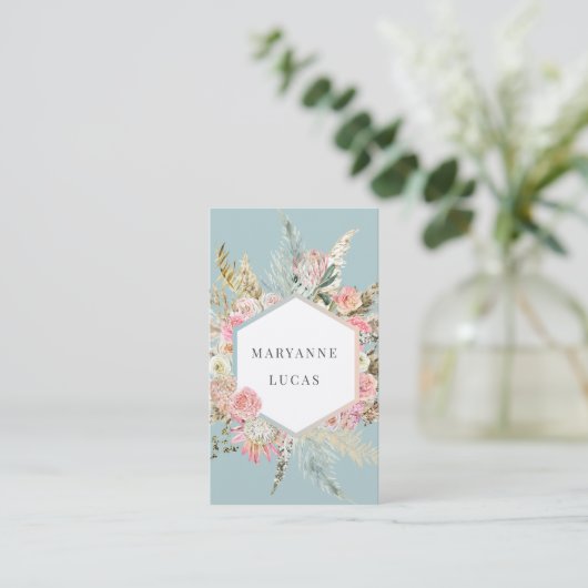 Elegant Boheems Bloemmonogram Blauw Visitekaartje (Staand voorkant)