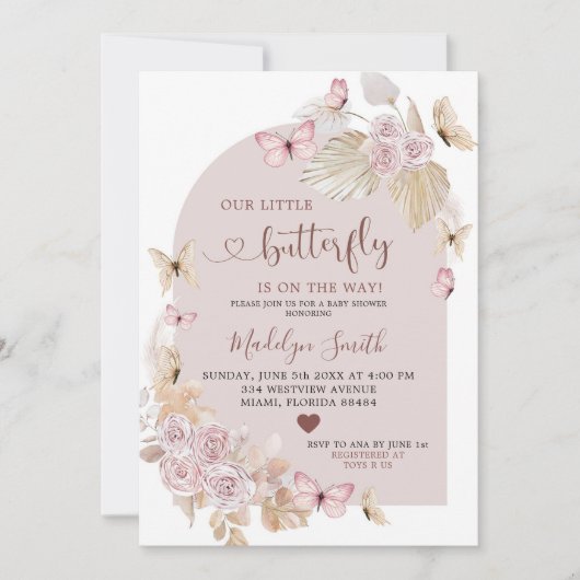 Elegant Bohemian Blush and Butterfly Baby shower Kaart (Voorkant)