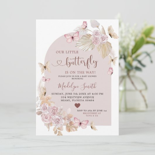Elegant Bohemian Blush and Butterfly Baby shower Kaart (Staand voorkant)