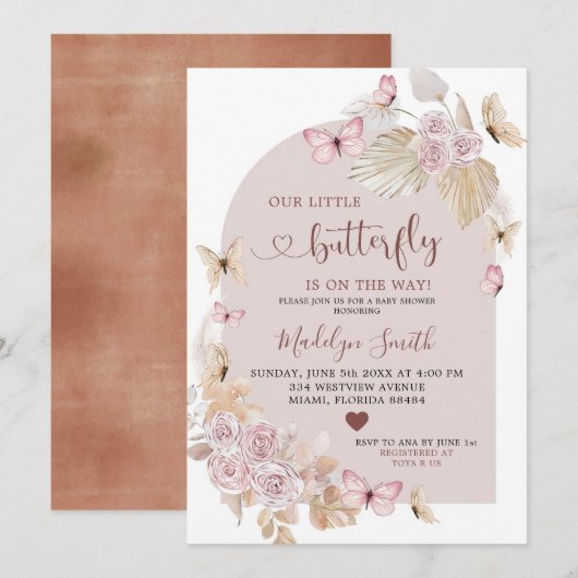Elegant Bohemian Blush and Butterfly Baby shower Kaart (Voorkant / Achterkant)