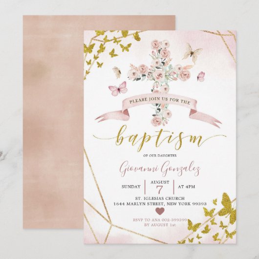 Elegant Bohemian Blush en Gold Butterfly Baptisme Kaart (Voorkant / Achterkant)