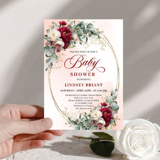 Elegant Bohemian Burgundy Eucalyptus Baby Shower Kaart
