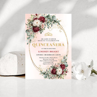 Elegant Bohemian Burgundy Floral Gold Quinceañera Kaart