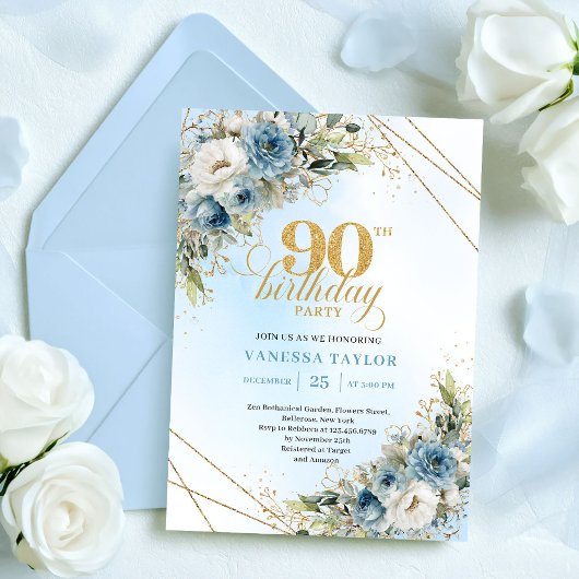 Elegant Bohemian Dusty Blue White Floral 90th Bday Kaart