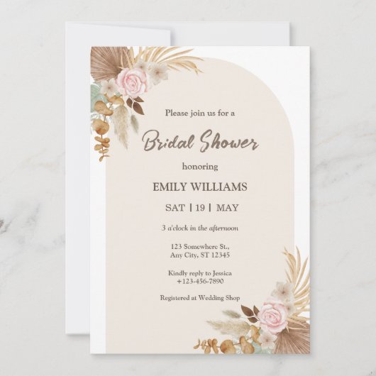 Elegant Bohemian Floral Pampas Grass Bridal Shower Kaart (Voorkant)