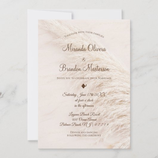 Elegant Bohemian Pampas Grass Wedding Invitation Kaart (Voorkant)