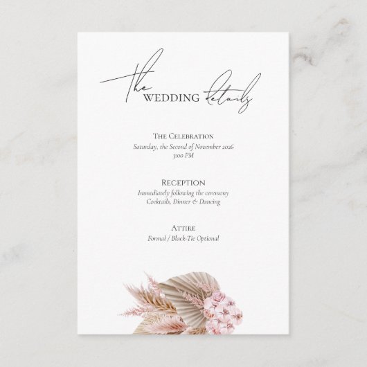 Elegant Bohemian Pampas Grass Wedding Website Informatiekaartje (Voorkant)