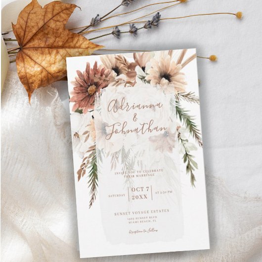 Elegant Bohemian Rustic Floral Pampas Wedding Kaart