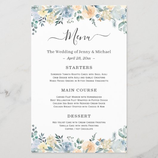 Elegant Bohemian Vanilla Blue Floral Wedding Menu (Voorkant)