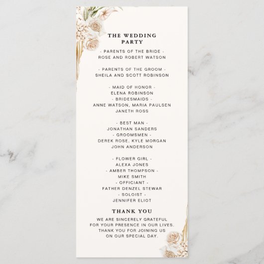 Elegant Bohemian Wedding Featuring Yellow and Beig Programmakaart (Achterkant)