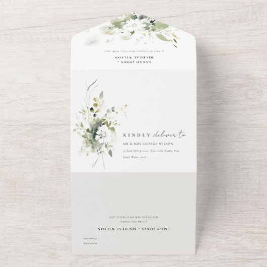 Elegant Boho Abstract Groen Wit Bloemen Bruiloft All In One Uitnodiging (Buitenkant)