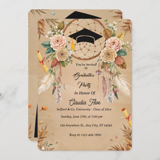 Elegant Boho Afstuderen Invitation Kaart (Voorkant / Achterkant)