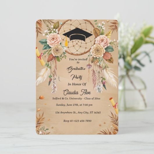 Elegant Boho Afstuderen Invitation Kaart (Staand voorkant)