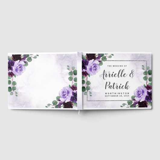 Elegant Boho Airy Bloemen Paarse en Zilveren Bruil Gastenboek (Volledig)