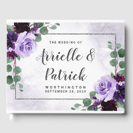 Elegant Boho Airy Bloemen Paarse en Zilveren Bruil Gastenboek