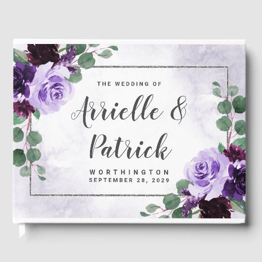 Elegant Boho Airy Bloemen Paarse en Zilveren Bruil Gastenboek (Voorkant)