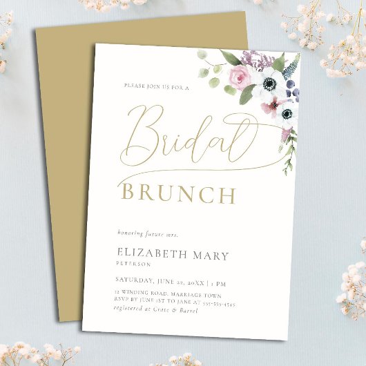 Elegant Boho Anemones Floral Gold Bridal Brunch Kaart