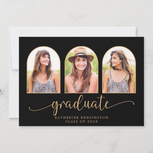 Elegant Boho Arch Black Gold 3 Foto Afstuderen Kaart (Voorkant)