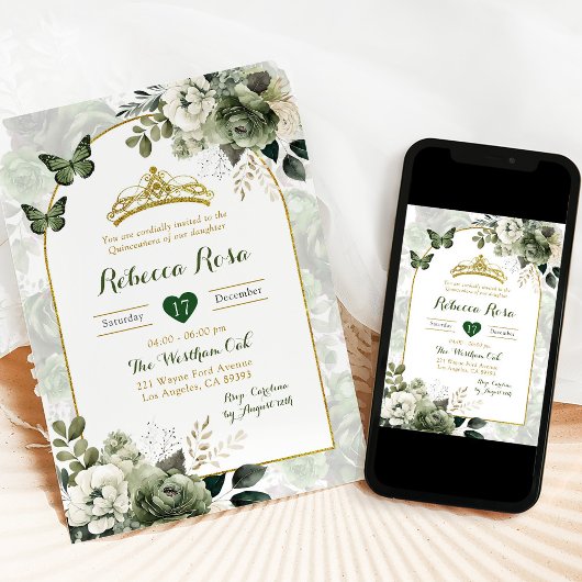 Elegant Boho Arch Sage Groen Royal Quinceañera Kaart